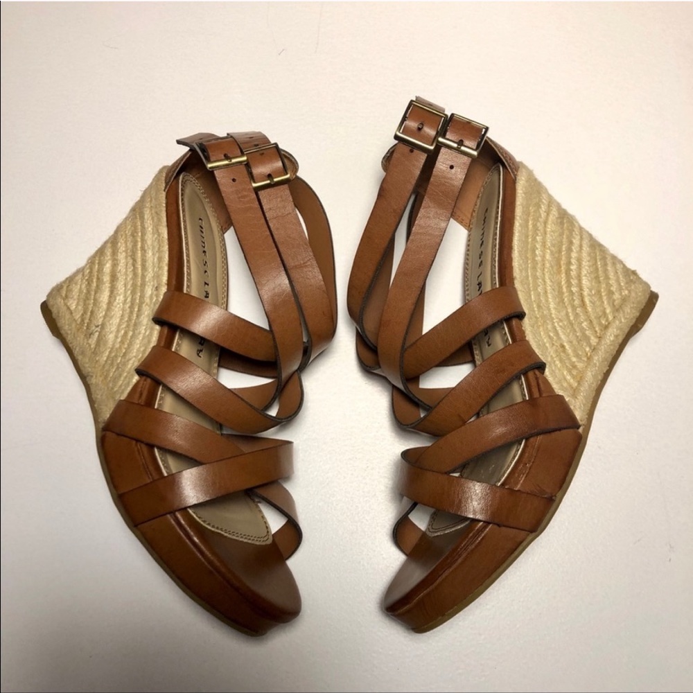 Chinese Laundry cognac ankle strap wedges 7 1/2